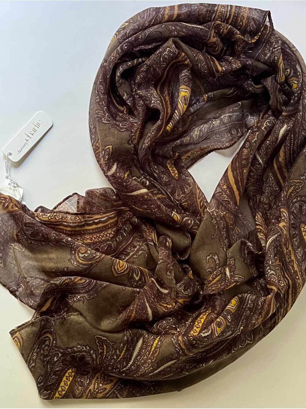 Charming Charlie Lightweight Brown Paisley Scarf with Mustard Accents .